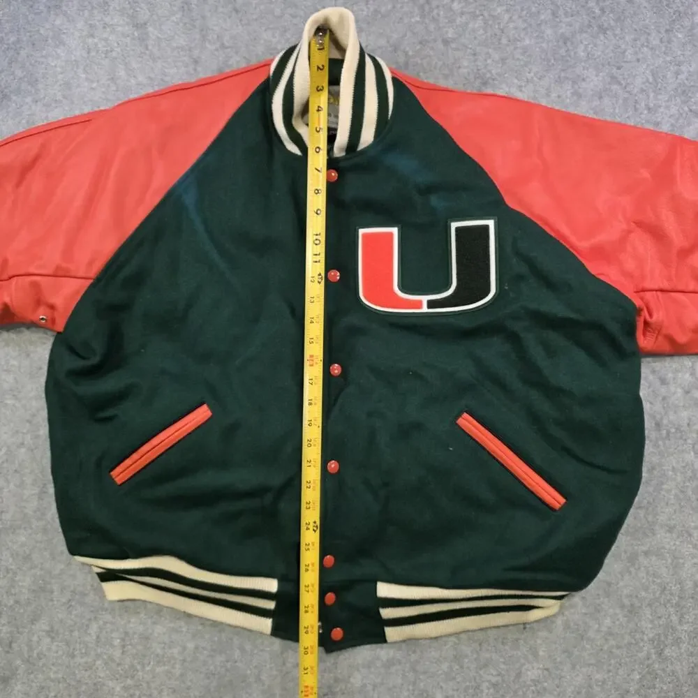 Miami Hurricanes Varsity Jacket Mens 2XL Green Orange NCAA Football Zoom ID Wool